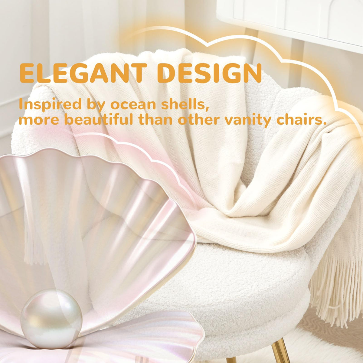 Czlolo Teddy Vanity Chair with Back, Mid-Century Modern Small Accent Chair for Living Room, Golden Metal Legs Upholstered Boucle Makeup Chair, 1Pcs Bedroom Armchair, White