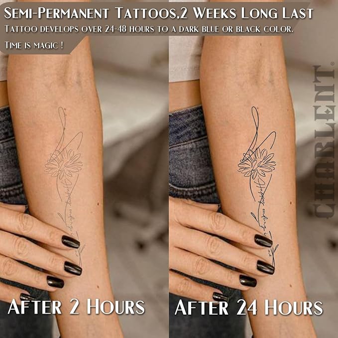 CHARLNET Semi-Permanent Tattoos for Adult - 2 Weeks Long Last Small Flower Words Tattoos for Women Men Hand Neck Body/Fades Naturally/No Reflection/Waterproof/Realistic, Minimal Line Art