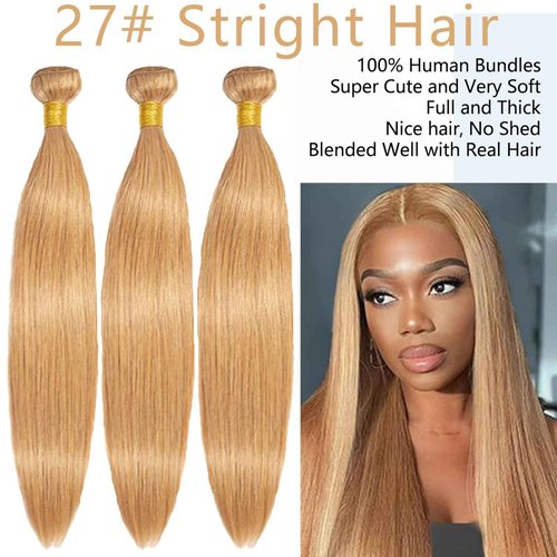 Fabimiya 14 16 18 Inch Human Hair Bundles Honey Blonde 27# Straight Bundles Human Hair 100% Unprocessed Soft Sewn In Hair with Double Weft for Black Women