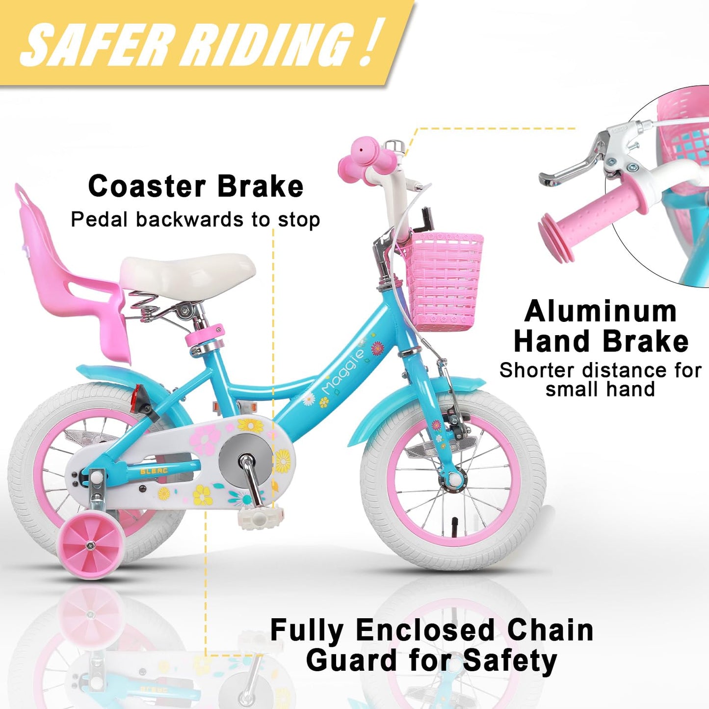 Glerc Maggie Girls Bike, 12 Inch Kids Bike for 2-4 Years Old Children, Princess Style Toddler Bike with Doll-Seat & Basket & Training Wheels, Blue