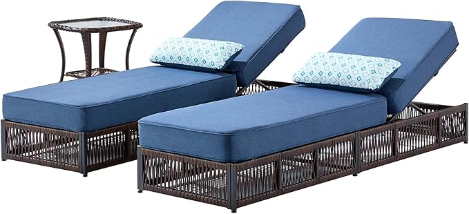 ACTREST Luxury Outdoor Chaise Lounge Chairs of 2 with 5 Inch Thick Cushions and Side Table - 3 PCS High Back Brown Wicker Patio Recliners Lounger Furniture Set for Poolside Sunbathing - Navy Blue