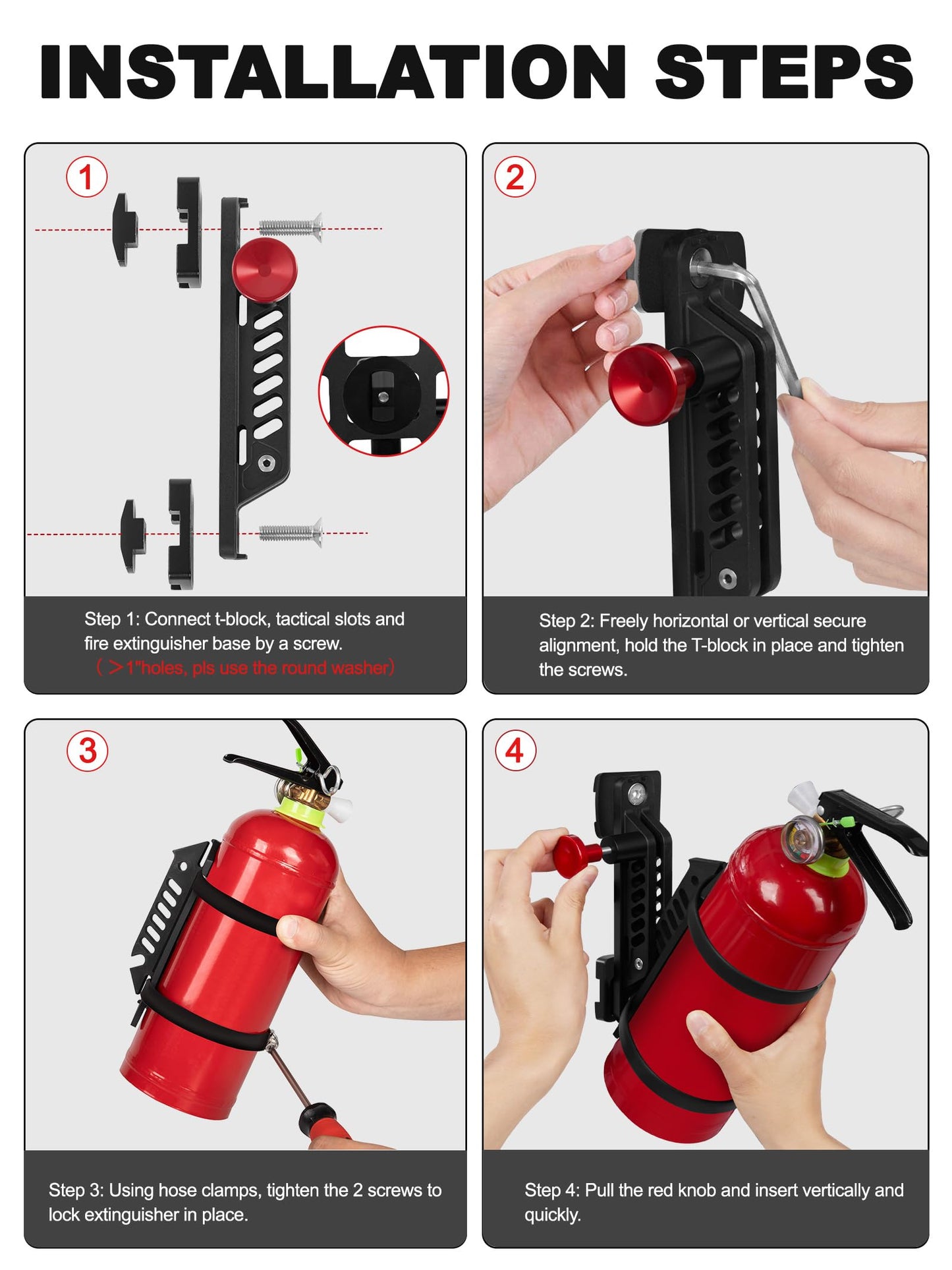 ZIDIYORUO MOLLE Panel Fire Extinguisher Mount Kit Fits 1"-2" Rigid MOLLE Panel Holes, Quick Release Car Fire Extinguisher Mount Holder with 4 Clamps for Vehicles MOLLE Panle Accessories