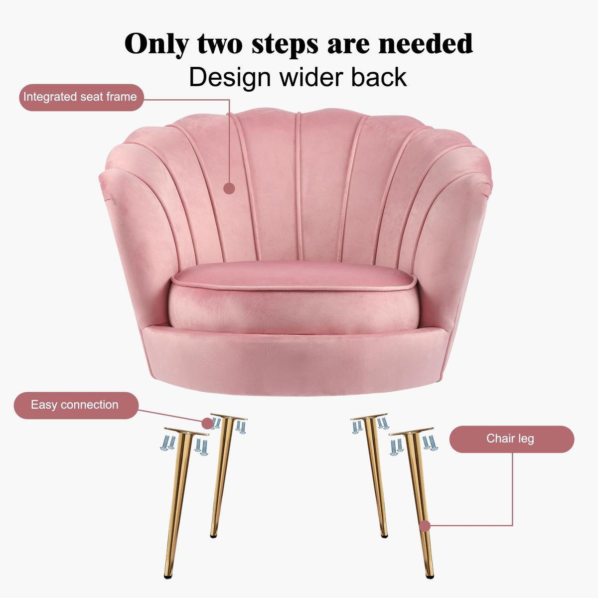 DAGONHIL Mid Century Modern Upholstered Accent Chair,Petal Vanity Chair,Retro Leisure Velvet Single Sofa with Golden Metal Legs for Living Room/Bedroom(Light Pink)
