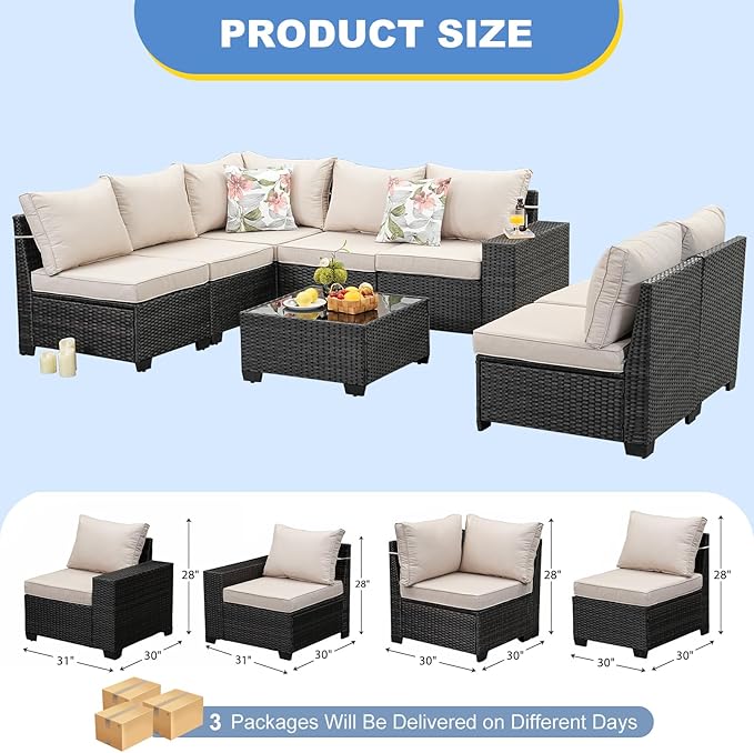 SunloungeCo Patio Furniture Set, 8 Pieces Outdoor Couch Sofa with Wider Armrests & Glass Coffee Table, Outdoor Sectional Furniture with Thick Cushions for Party, Poolside,Garden-Beige