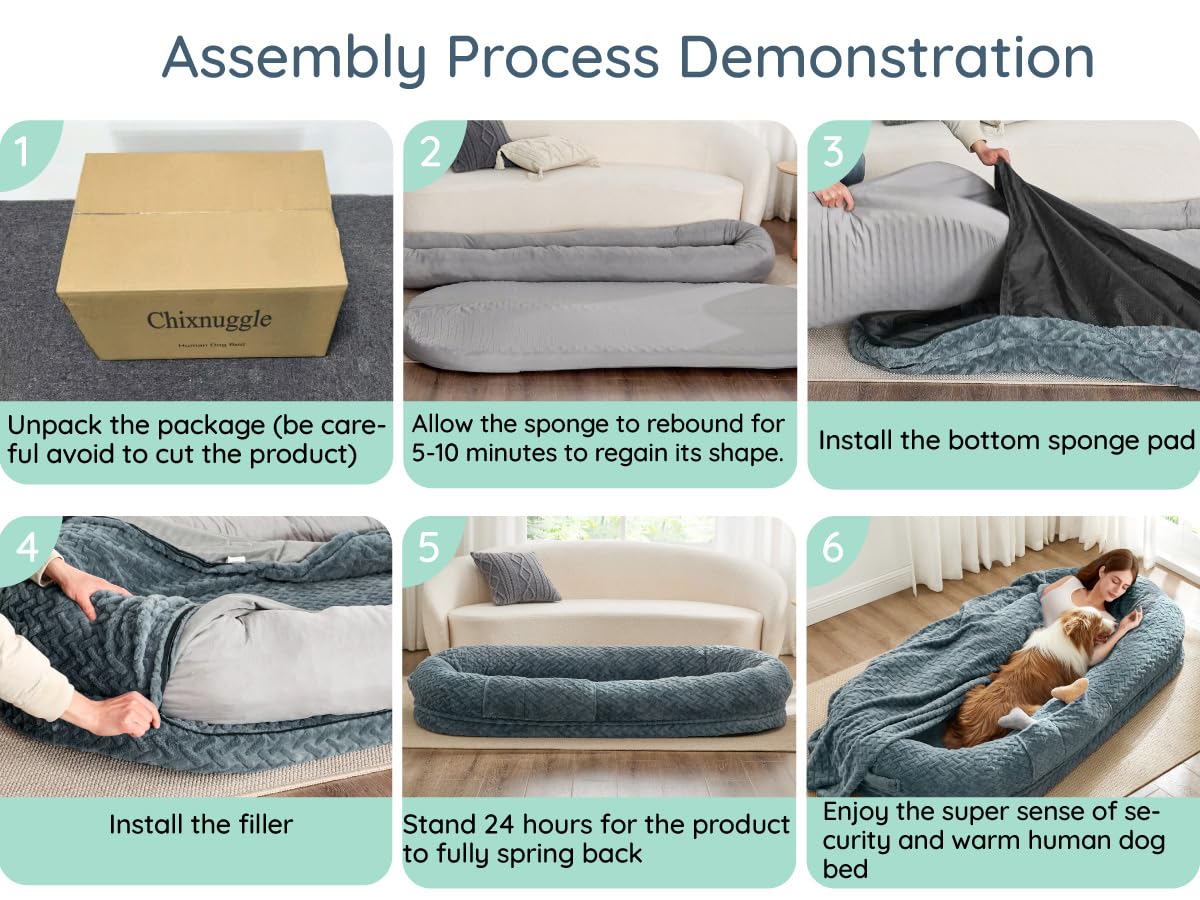 ChiXnuggle Human Dog Bed for Adult - Luxury Faux Fur Giant Size Dog Bed with Portable Handle, Egg Orthopedic Foam Bed with Blanket, 72"x40"x10", Grayish Blue