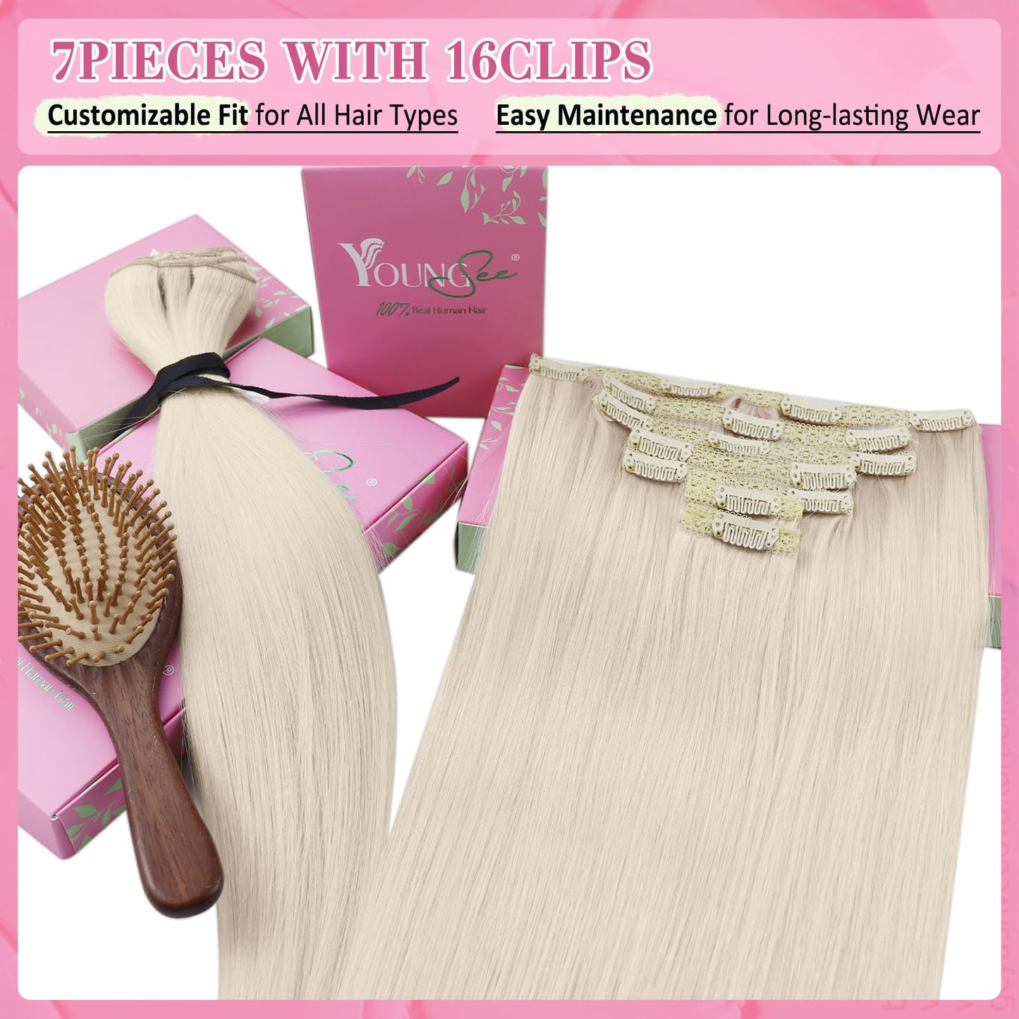 YoungSee 135G Lace Clip in Human Hair Extension Blonde Clip in Hair Extensions Platinum Blonde Dyable with Natural Luster Textur
