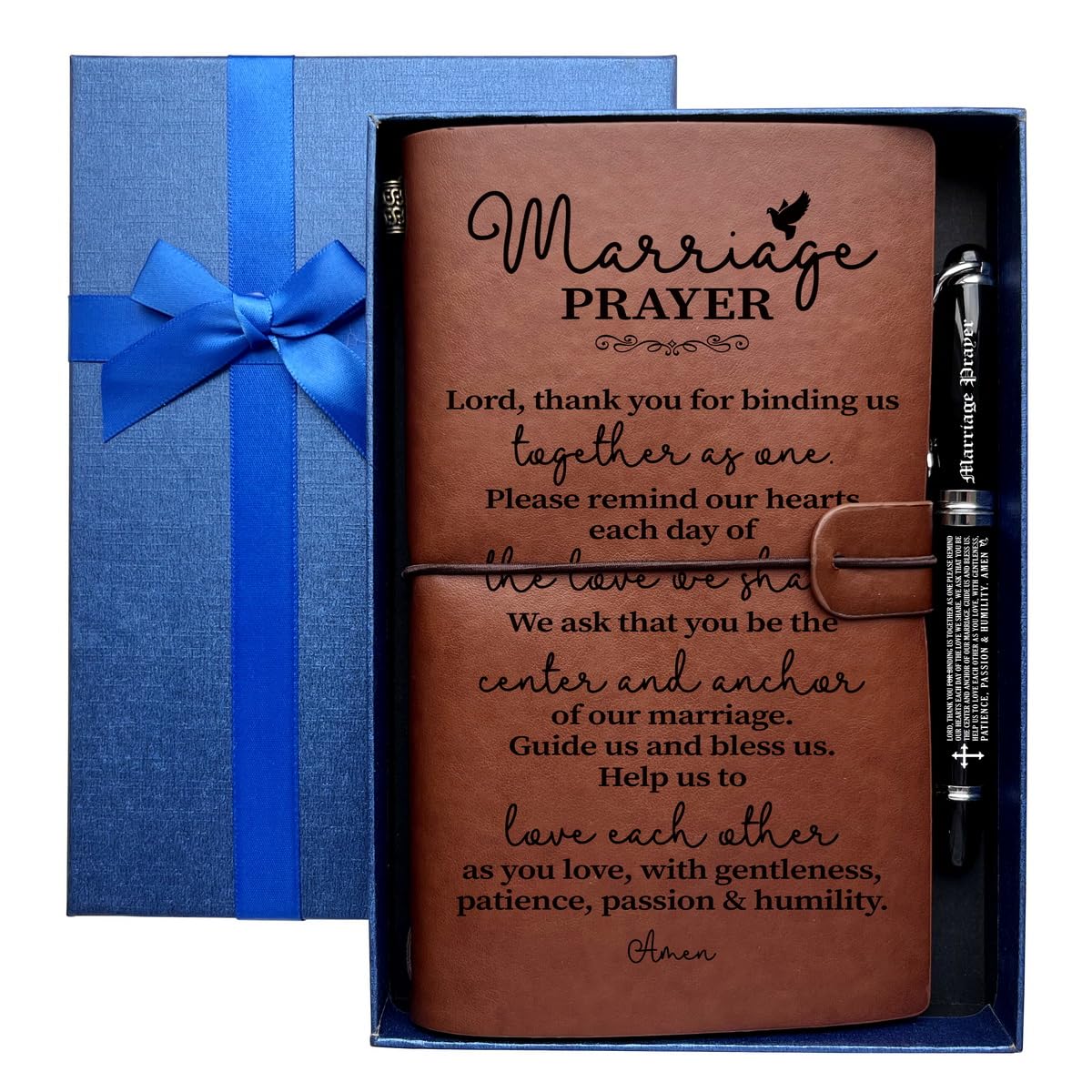 Marriage Prayer Leather Journal, Engraved Gift Pen, Roller Ballpen, Marriage Gift, Wedding Gifts, Leather Notebook and Pen Gift for Wife Husband, 160 Pages Notebook, Valentine's Day Christmas Gift