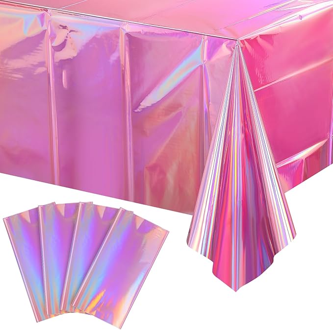 4 Pack Iridescent Pink Plastic Tablecloths, FunnyPars Shiny Disposable Laser Rectangle Table Covers, Holographic Foil Tabl...