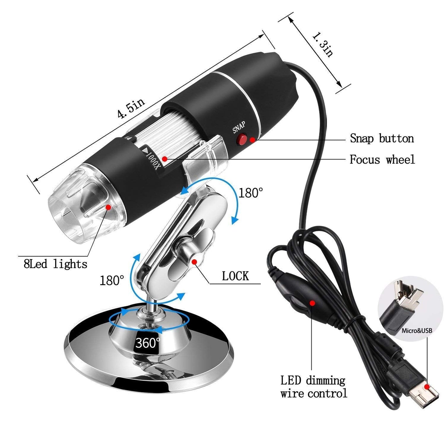 Jiusion 40 To 1000X Magnification Endoscope, 8 Led Usb 2.0 Digital Microscope, Mini Camera With Otg Adapter Metal Stand, Compati