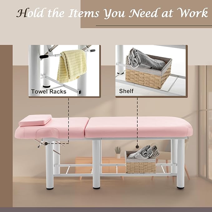 Stationary Massage Bed Professional Adjustable Massage Table Spa Bed 73" x27.5”Stationary Physical Therapy Table with Memory Foam Salon Bed w/Removable Headrest Pink