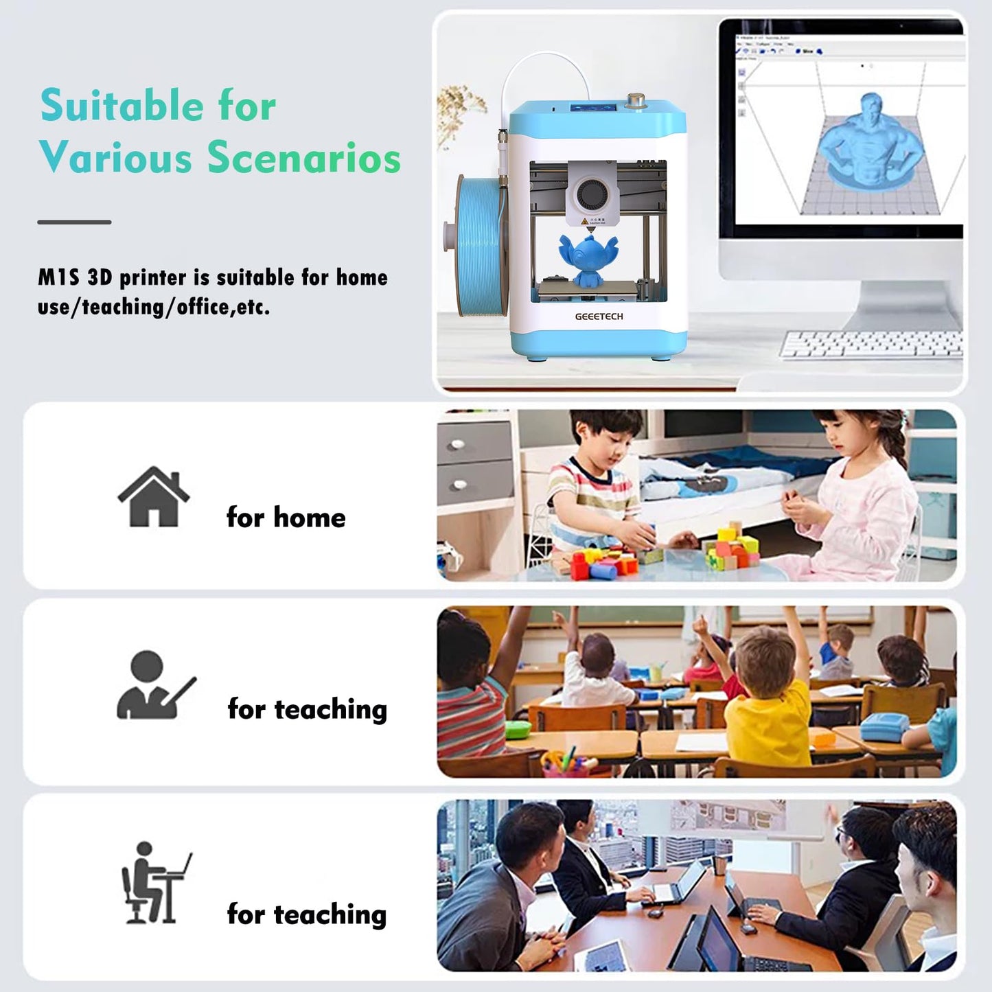 Geeetech Smart 3D Printer for Kids and Beginners, WiFi Mini 3D Printers with App Control, High Speed and Quality Printing, Fully Assembled and Auto Leveling, Designed for Home, School and Office