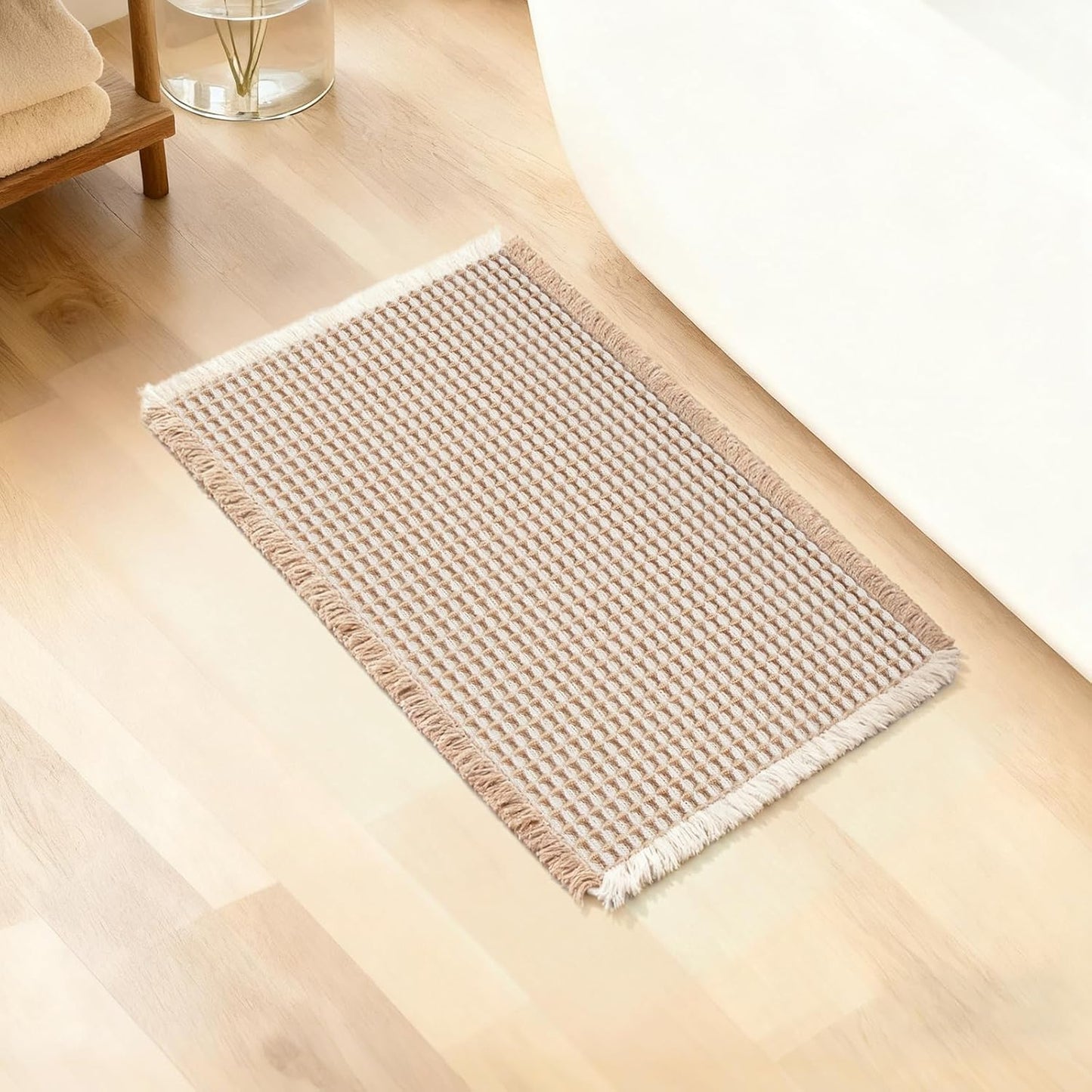ArtyCozy Waffle Bath Mat, Super Absorbent Soft Non-Slip Boho Bath Rugs with Flat-Woven Hot Glue Backing for Bathroom, Machine Washable Bath Mats, 18" × 30", Brown & White