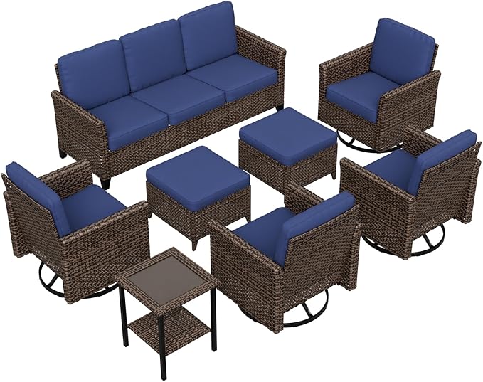 COOS BAY Harbor Retreat 8 Piece Outdoor Furniture Set, Patio Conversation Set with 4 Swivel Rocking Chairs, 3 Seat Couch, Side Table & Ottomans, Wicker Furniture, Brown/Blue