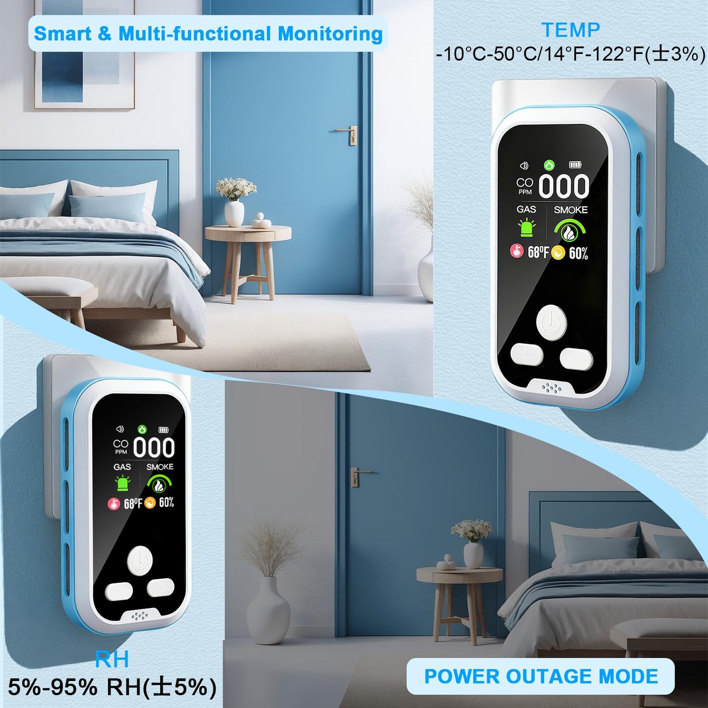 5-in-1 Carbon Monoxide Detector 2 Pack Combo with LCD Display, Detects CO, Natural Gas, Smoke, Temperature, Humidity for Home, Hotel, RV, Apartment Safety, Monoxide Alarm HD Screen