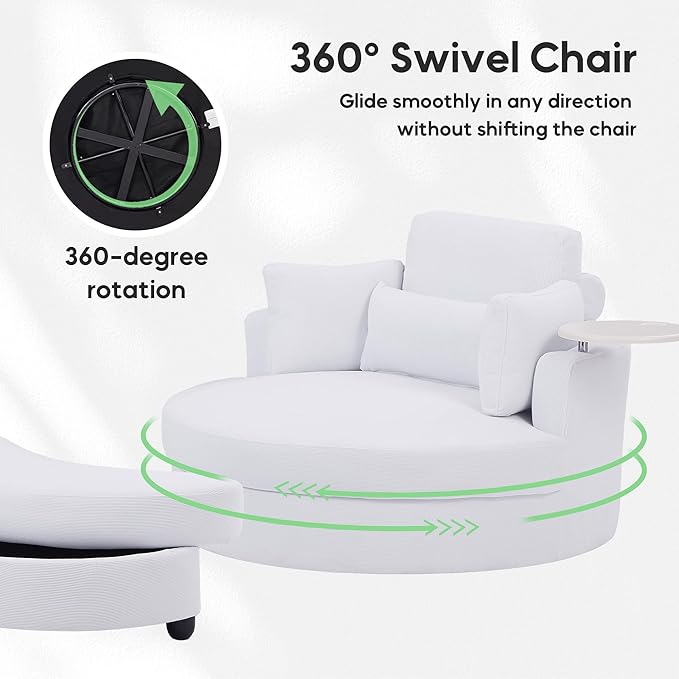 Yoglad Oversized Round Swivel Accent Chair - 360 Degree Chairs with Ottoman Armrest Tray Ideal for Living Room, Bedroom(Corduroy White)