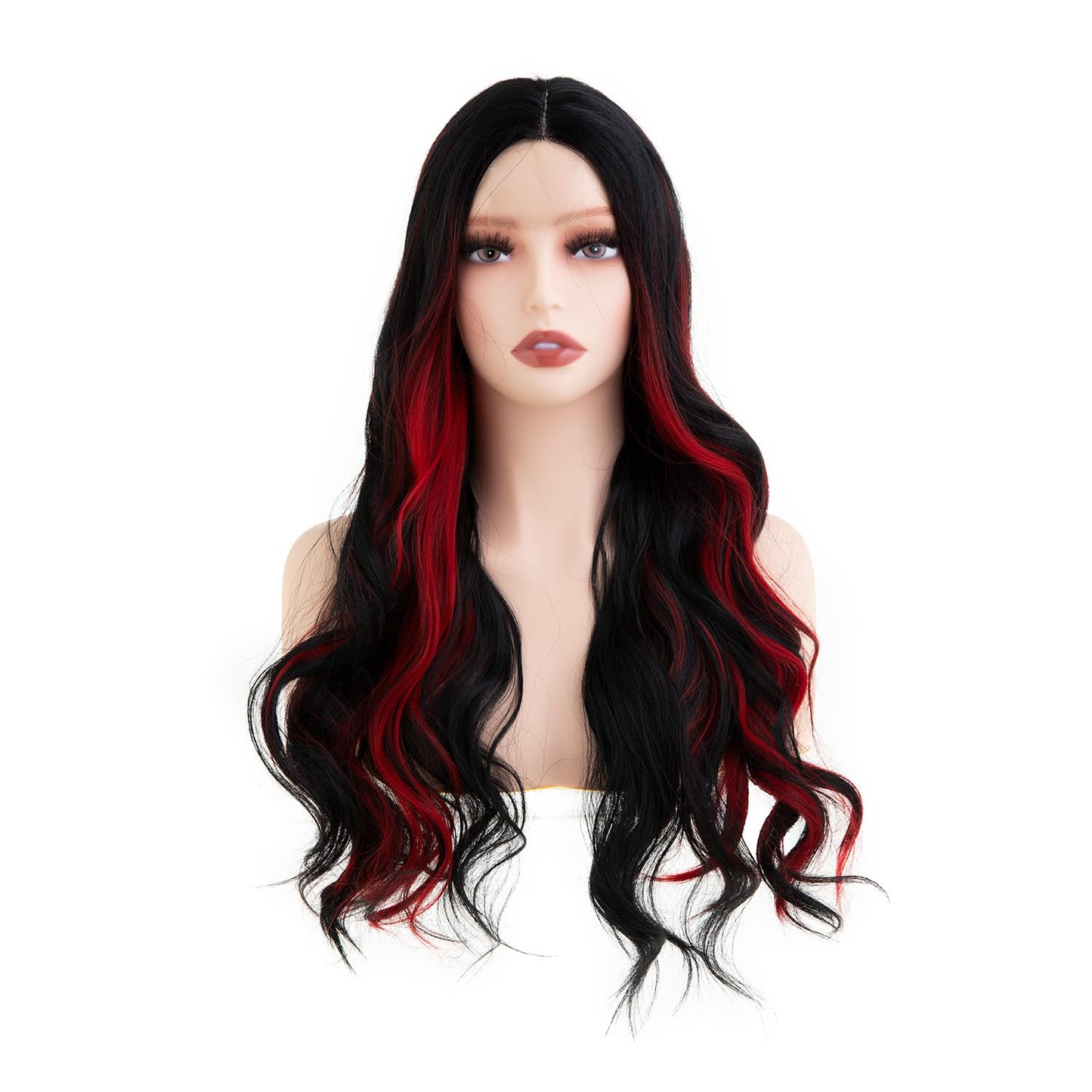 Sallcks Long Ombre Black Red Lace Wigs for Women 27.5 inch Long Wavy Middle Part Red Highlight Cosplay Costume Halloween Wig