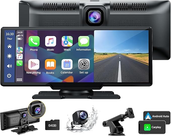 LAMTTO 9.26" Wireless Carplay and Android Auto with 2.5K Dash Cam, 1080P Backup Camera, Portable Touchscreen GPS Navigatio...