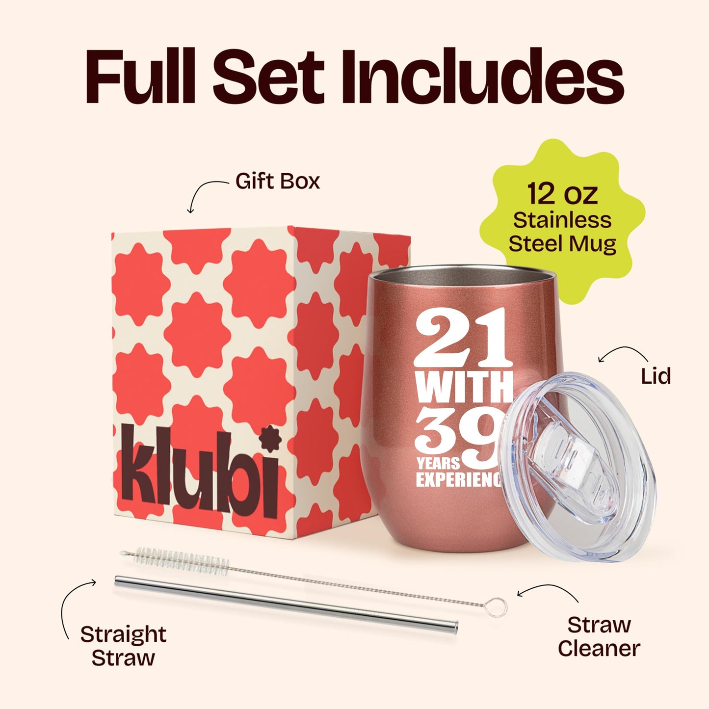 KLUBI 60th Birthday Gifts for Women - 21 With 39 Years Experience Gifts 12oz 60th Birthday Wine Tumbler 60th Birthday Decorations Women Gift Turning 60 th Birthday Gift Funny Mug