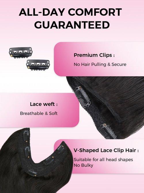 Lashey V Shape Invisible Clip in & Lace Clip in Hair Extensions Human Hair, 16 Inch 120g Set (1 V-Shaped + 2pcs Lace Clip ins), Natural Black Body Wave No Leave Out Hair Extension for Women