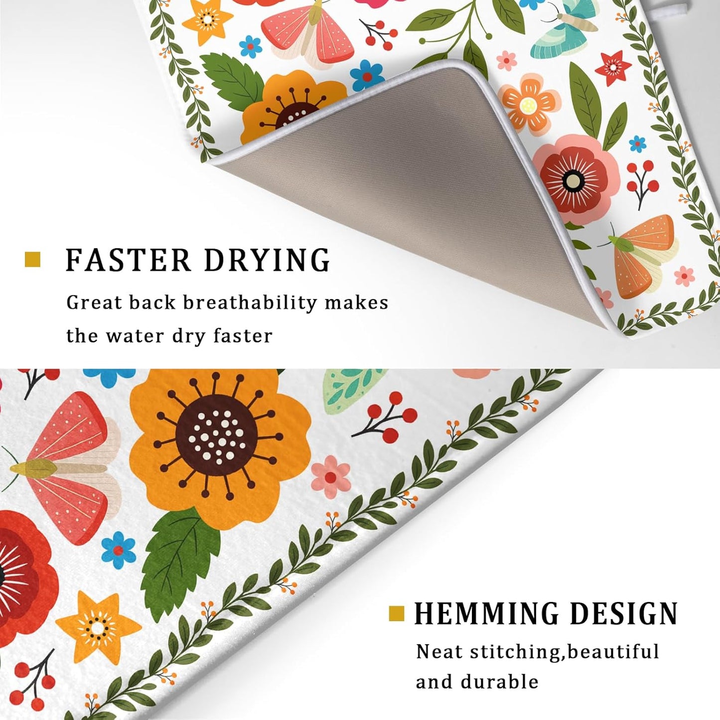 Colorful Boho Floral Dish Drying Mat 18x24 Inch Dishes Dry Pad Drainer Rack Mats Absorbent Hanging Loop Kitchen Counter Bar Accessories