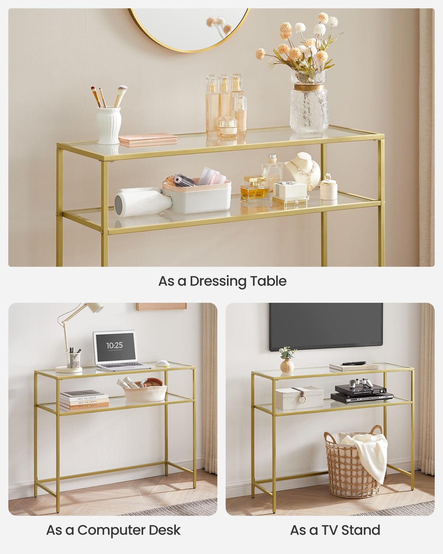 VASAGLE 39.4 Inch Console Sofa Table, Modern Entryway Table, Tempered Glass Table, Metal Frame, 2 Shelves, Adjustable Feet, for Living Room, Hallway, Gold Color ULGT025A01
