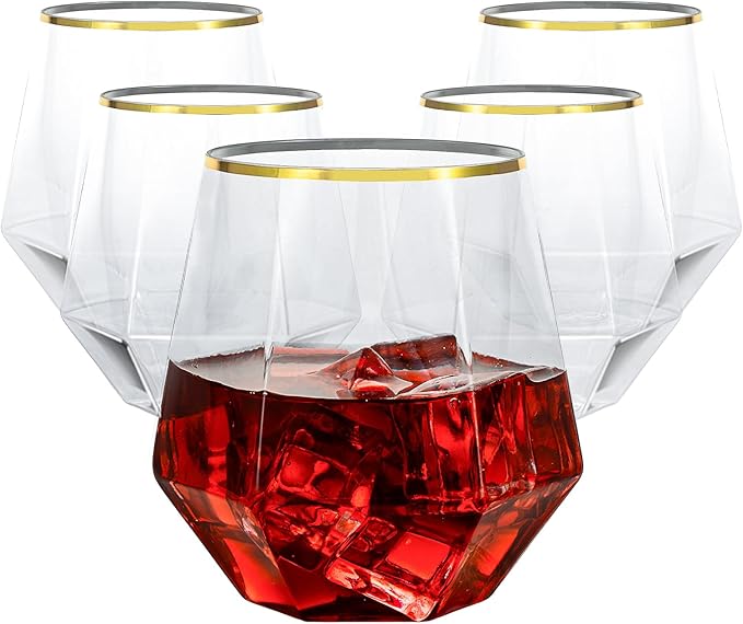 Goodluck 40 PCS Diamond Stemless Plastic Wine Whiskey Glasses, 12 Oz Disposable Cocktail Glasses, Suitable for Weddings, B...