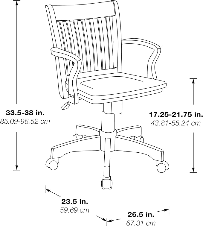 OSP Home Furnishings Deluxe Wood Banker's Desk Chair with Padded Seat, Adjustable Height and Locking Tilt, Fruitwood Finish and Brown Vinyl