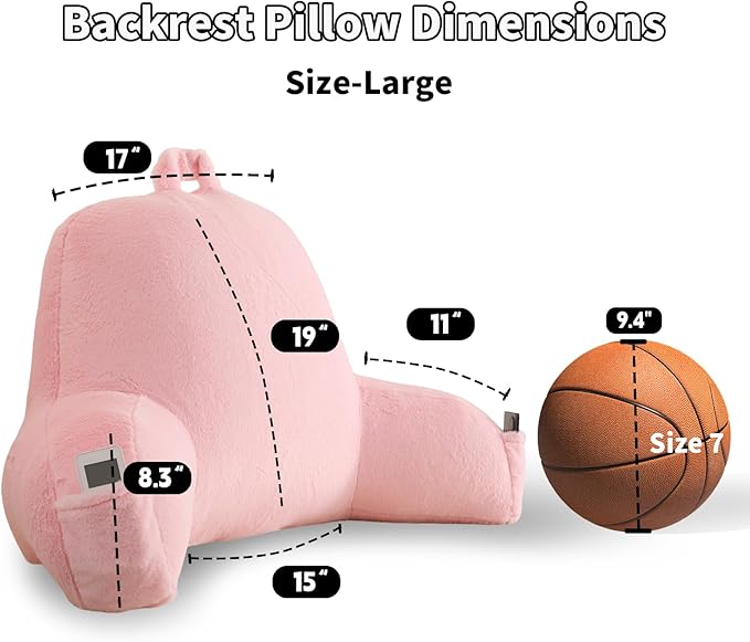 PAJEO Reading Pillow for Sitting in Bed, Large Backrest Reading Pillow with Arm Rest,Back-Rest Support Cushion for Sit Up on Couch, Sofa, and Floor, Dorm Essentials (Pink Faux Fur, Large(19"))