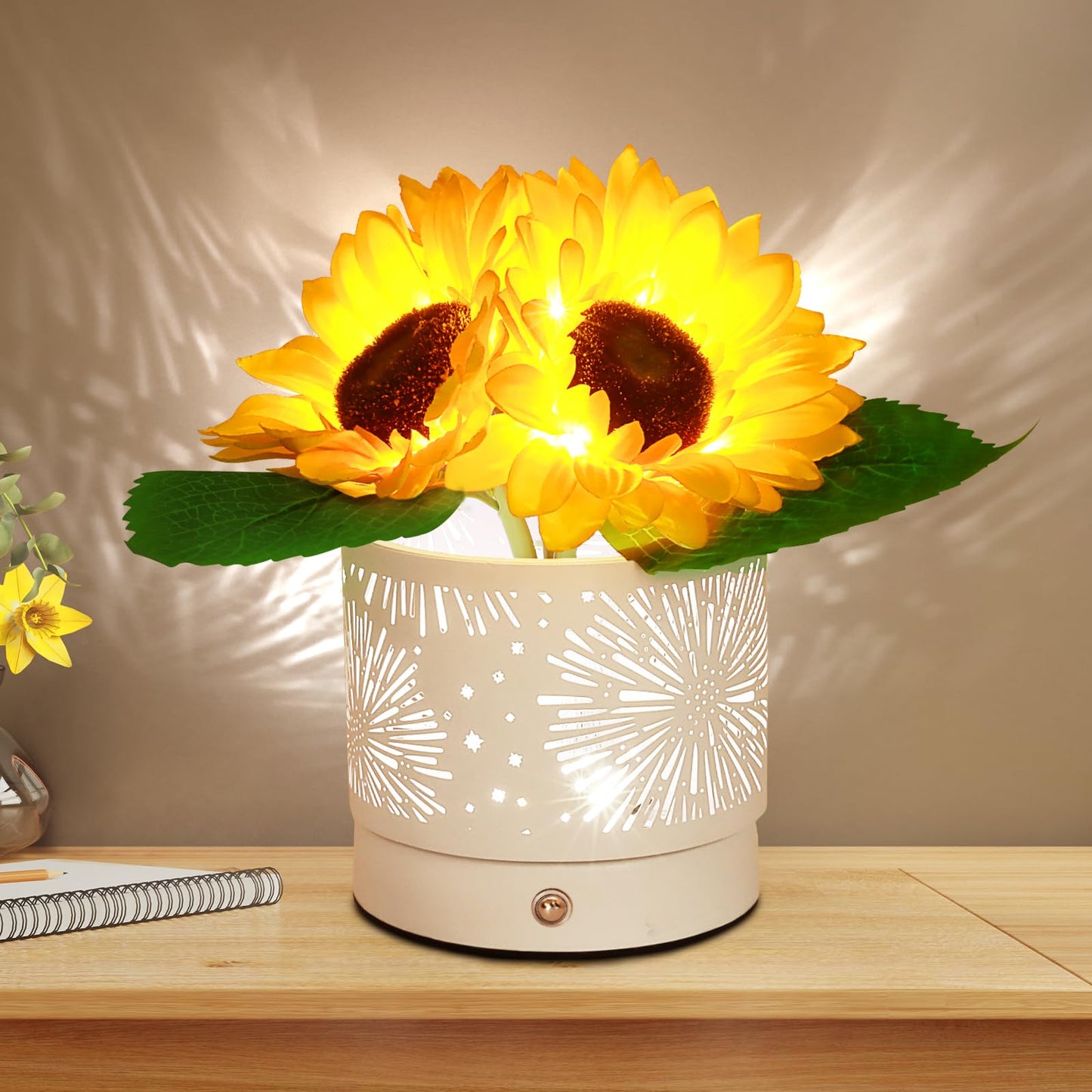AMWGIMI Birthday Gifts for Women,Sunflower Flower Cordless LED Touch Table Lamp,3-Colour Infinitely Dimming Rechargeable Small Night Light for Festival,Restaurant,Bedroom,Office Decor Gifts for Mom