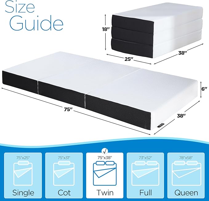 Roxzo Tri-Fold Memory Foam Mattress, 6 inch Twin Tri-Folding Memory Form Mattress, Collapsible and Washable Cover, Travel and Guest Mat,75"x38"x6"