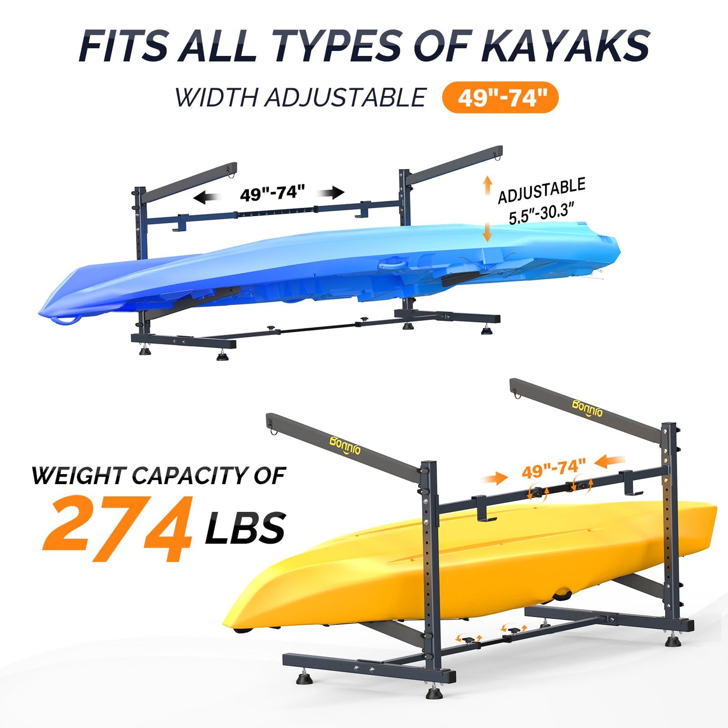 Bonnlo Kayak Storage Rack, Adjustable Heavy Duty Kayak Rack for 2 Kayaks Paddle Boards, Kayak Paddle Holder for Garage Holds up to 274 lbs, Spacesaver, Gentle on Padding, Boat Organizer