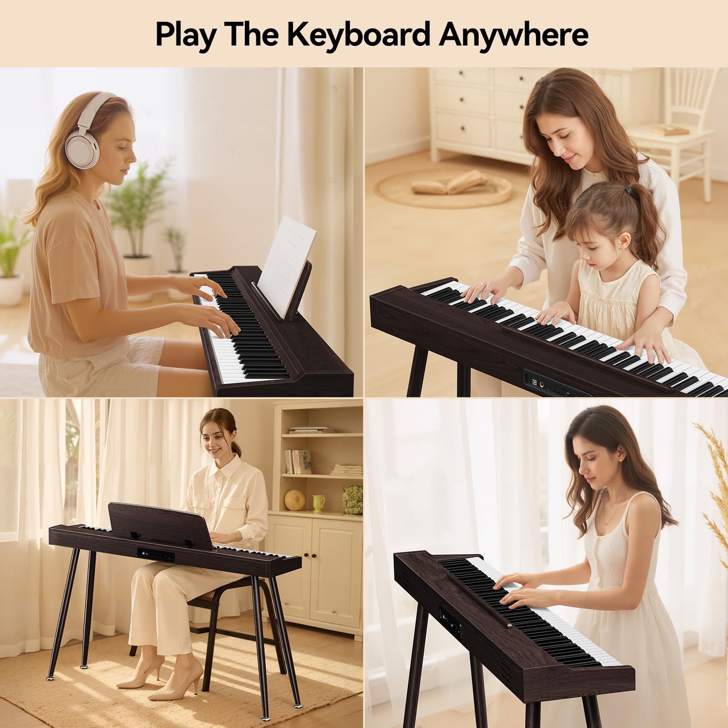 Keyboard Piano 88 Key Digital: 88 Key Piano keyboard Semi-Weighted Full Size Keyboard Digital Premium Sound MIDI Headphone Jack Triple Pedal Compact Design for Beginners to Professionals (Walnut)