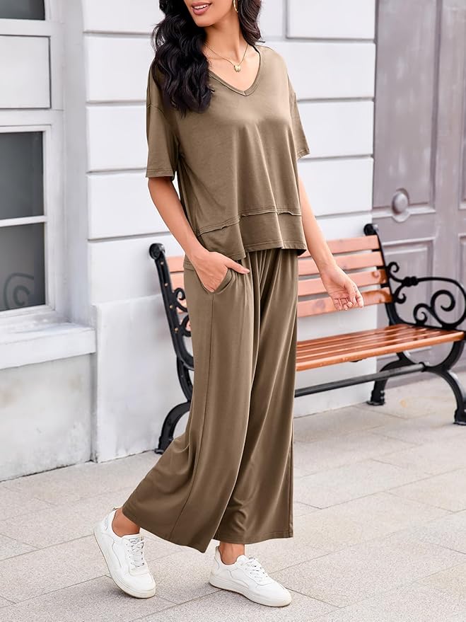 Tankaneo Womens 2 Piece Sets Casual Tracksuits Short Sleeve Tops Wide Leg Pants Outfits Lounge Sets