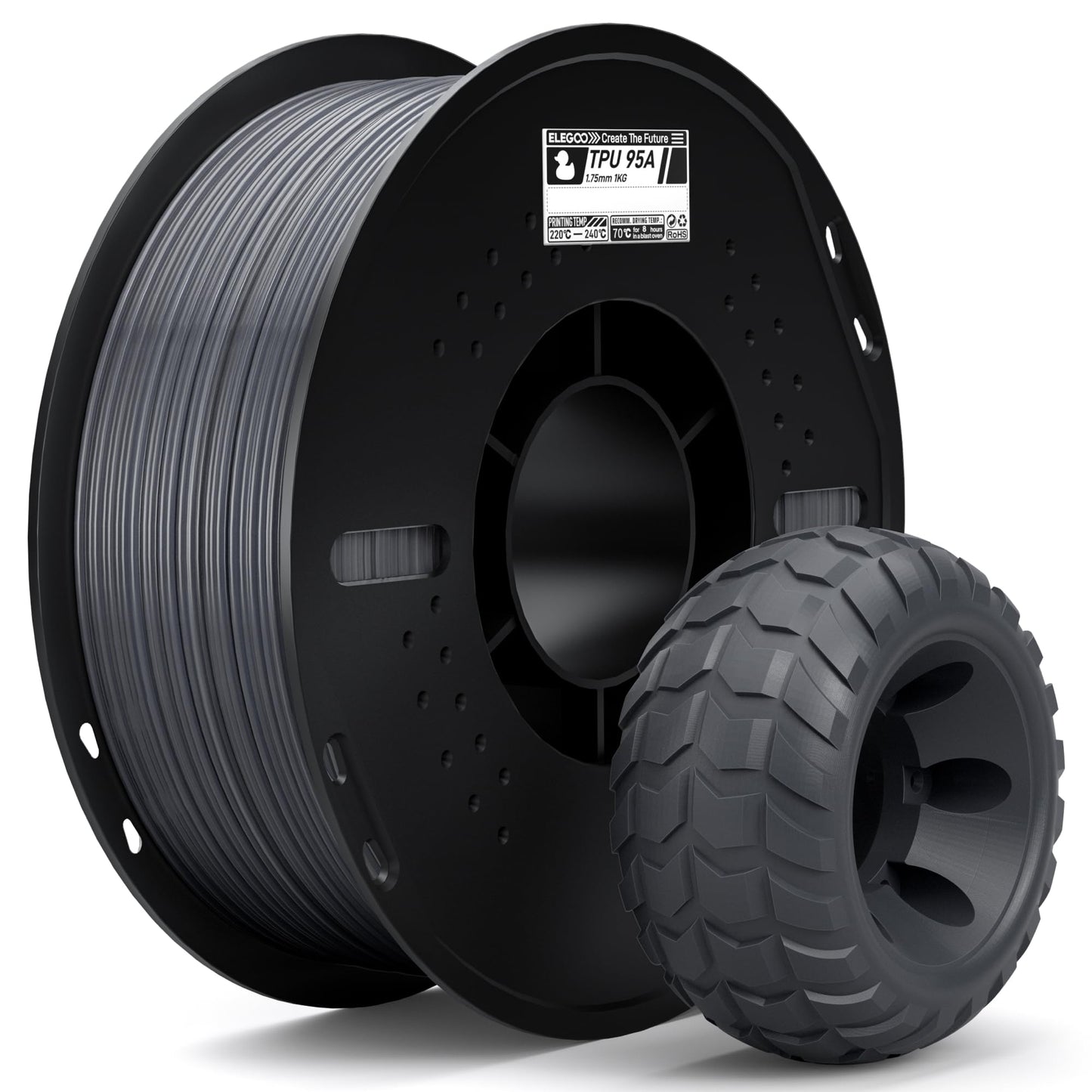 ELEGOO TPU Filament 1.75mm Gray 1KG, 95A Flexible Soft 3D Printing Filament 1KG Spool(2.2lbs) Fits for Most FDM 3D Printers