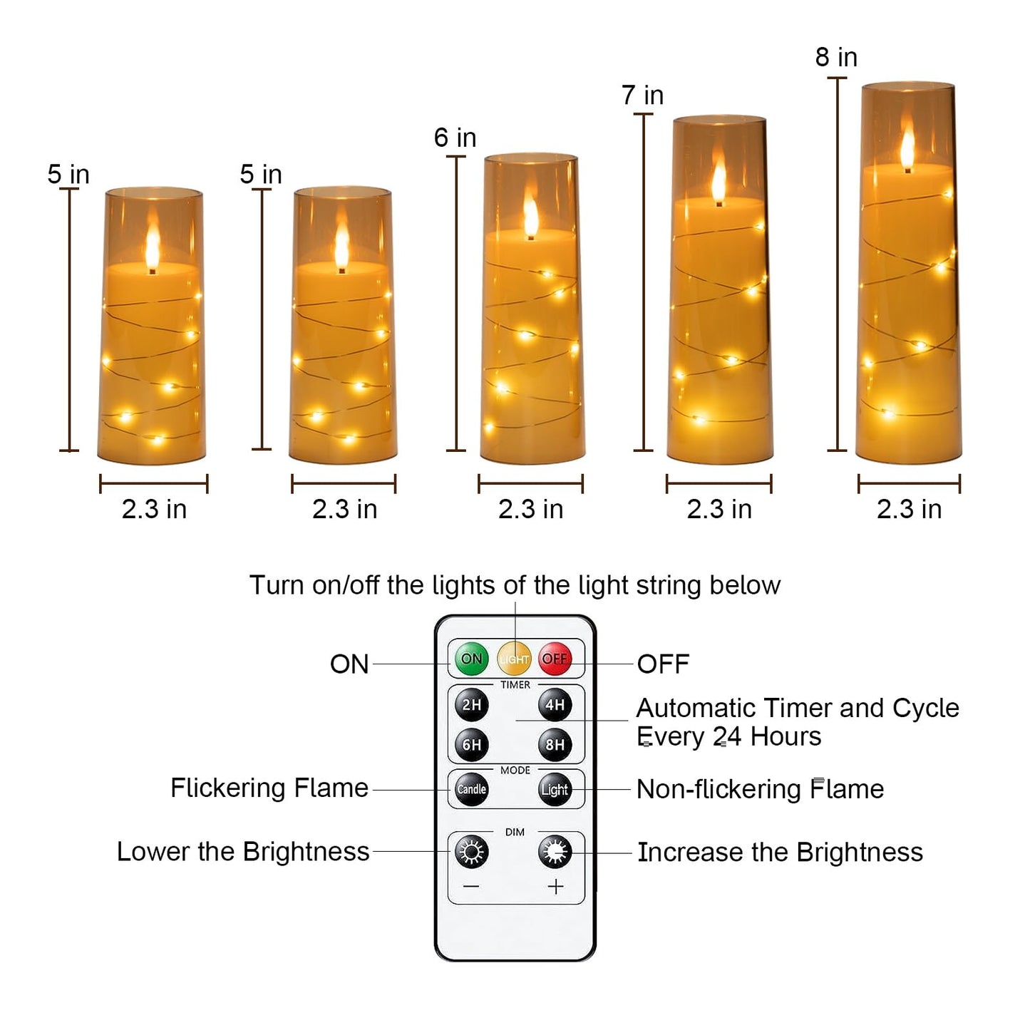 Raycare Flameless Candle with Remote Timer – 5 Flickering Acrylic Battery Operated LED Pillar Candles with Embedded Star String for Christmas, Home Decor, and as a Gift(Glod)