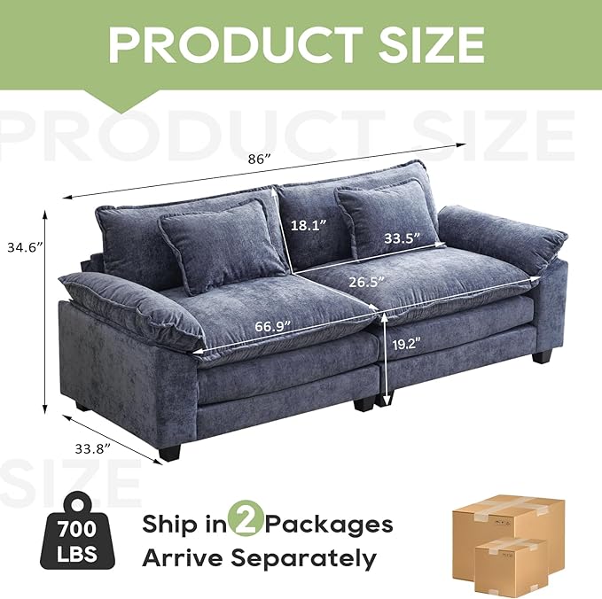 Oprisen 86" Modular Sectional Sofa, Comfy Cloud Couch Sectional Sofa, Chenille Sofa Sleeper Deep Seat Sofa with Throw Pillows for Living Room (Blue, 86"- Loveseat)
