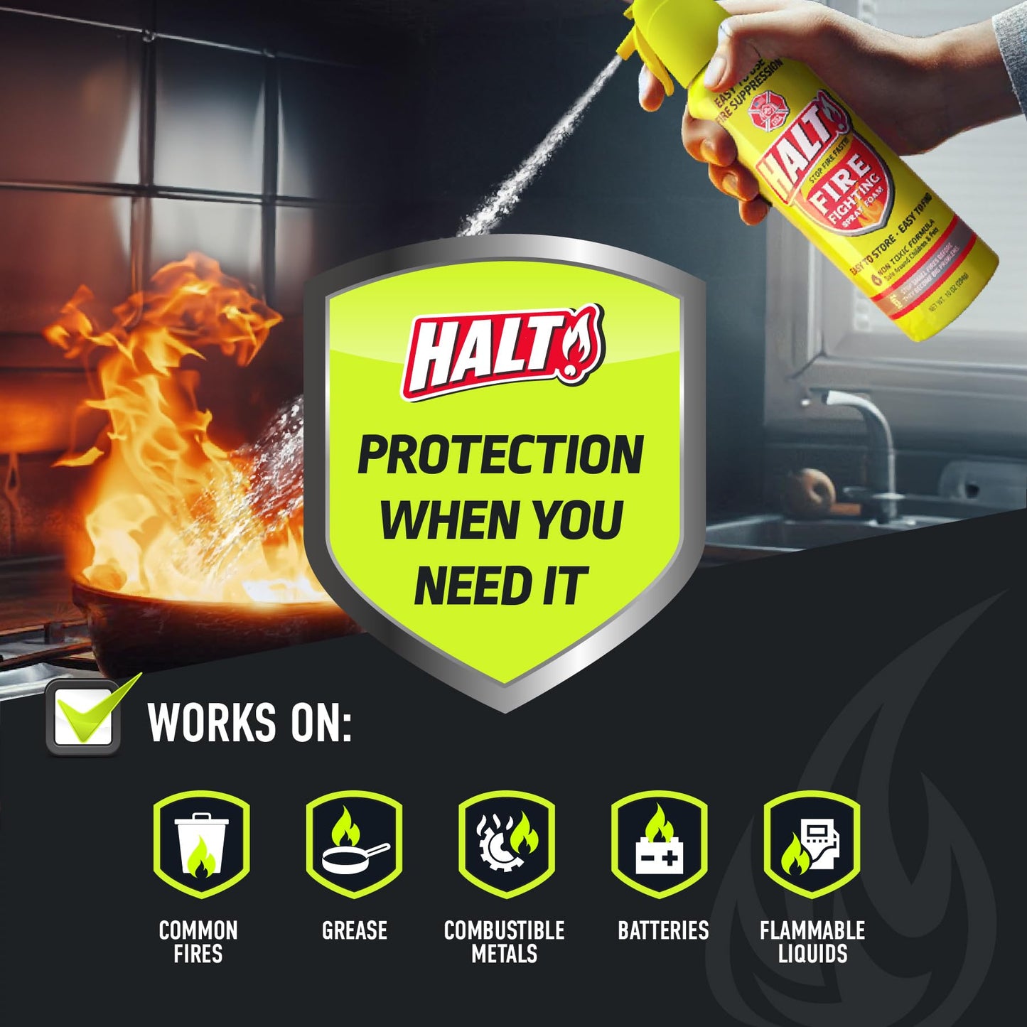HALT! 10oz Fire Safety Spray – Non-Toxic, PFAS-Free Handheld Fire Suppressor – Easy to Use, Store & Find – Compact & Portable for Home, Kitchen, Car, BBQ, Camping & Tailgate – Made in USA (2pk)