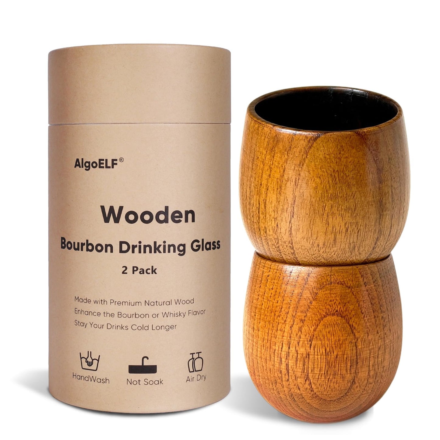 AlgoELF Charred Wooden Bourbon Drinking Glass, Original Charred whiskey Cup, Bourbon Gifts for Men, Wooden Whiskey Glasses Set of 2, Great Anniversary Birthday Gifts for Men, Him, Dad