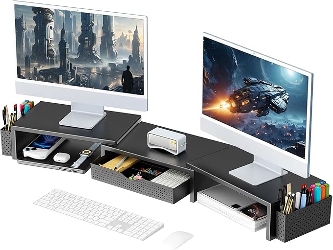 gianotter Dual Monitor Stand Riser, Desk Organizer With Drawer and 2 Pen Holders, Computer Monitor Stand, Shelf for Top of...
