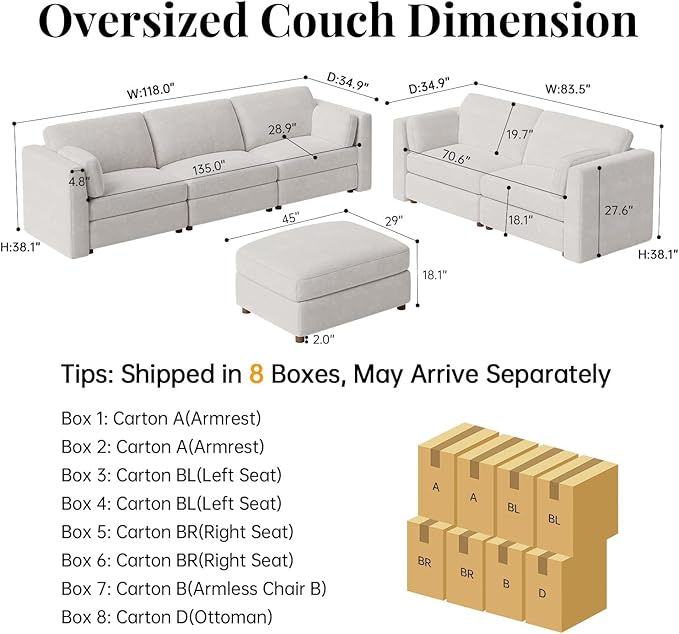 CUGOAO 153.4'' Oversized Sofa Set, Modular Sectional Sofa, Deep Seat Chenille Cloud Couch, Removable Cover, Mordern Upholstered Couches for Living Room, Apartment, Office, Beige