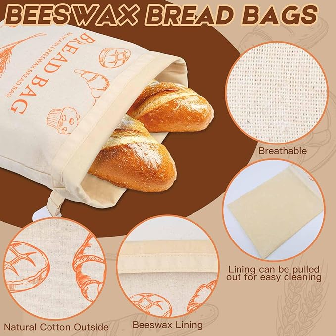 2-Pack Reusable Beeswax Bread Bags for Homemade Bread & Sourdough,100% Linen Waxed Bags Keeps Fresh Longer,XL Eco-Friendly Fresh Food Storage,Freezer Safe