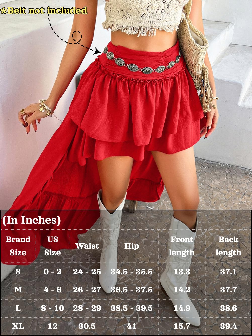 EHSUYAB Womens Renaissance High Low Skirt, Boho Flowy Asymmetrical Ruffle Pirate Skirts, Steampunk Festival Concert Outfits Red Small