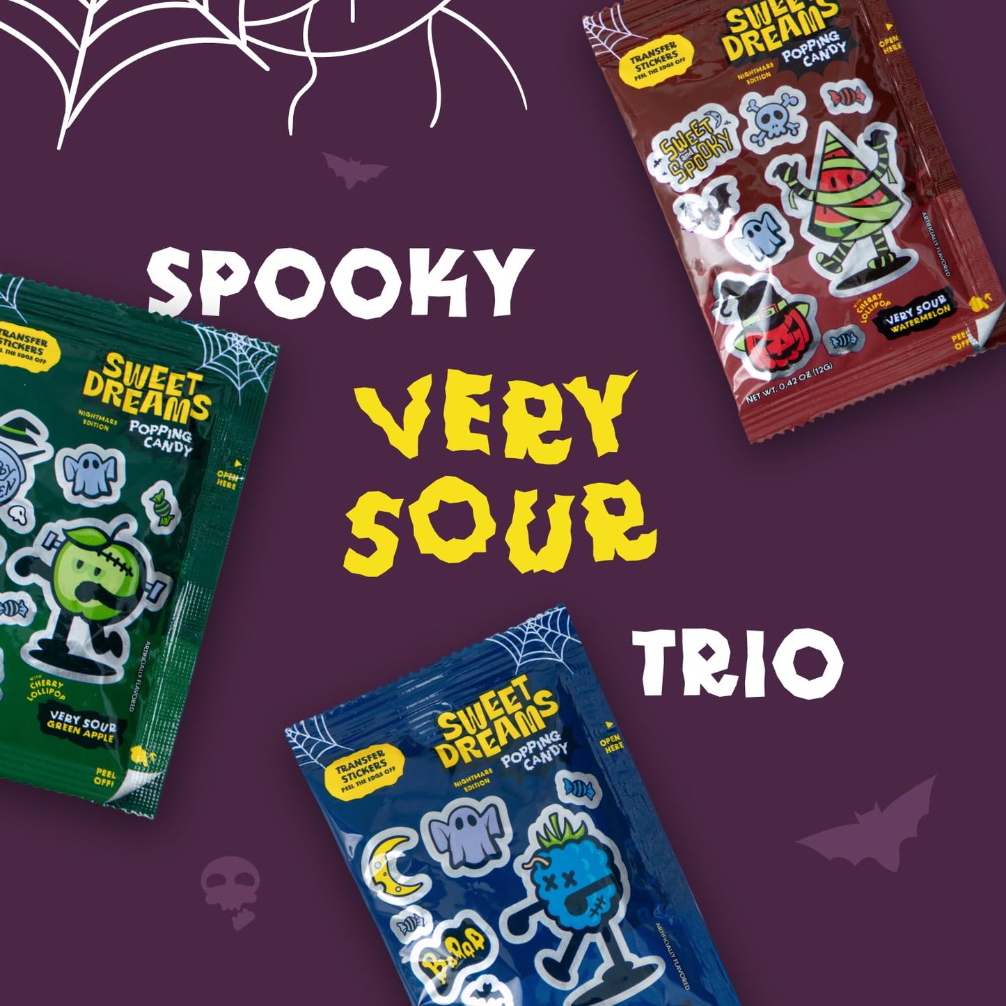 Sweet Dreams Popping Candy | Spooky Ghost Shaped Lollipop with Very Sour Dip Pouches, and Halloween Stickers | Trick or Treat Candies | Mix Pack, 3 Bags (3 pouches in each)- 9 Total Pouches