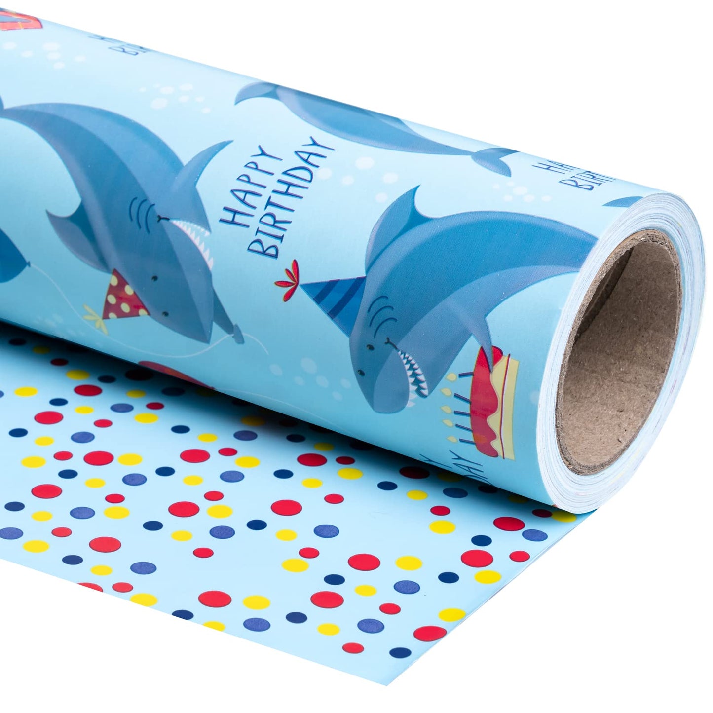 WRAPAHOLIC Jumbo Reversible Birthday Wrapping Paper - 24 in x 65.6 ft - Blue Sharks Ocean Wrapping Paper for Kids' Birthdays & Baby Showers