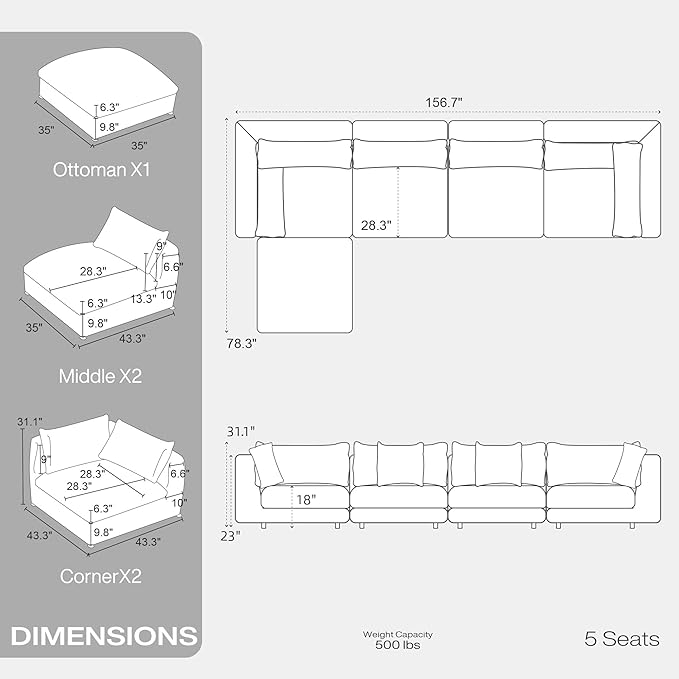 Fajiani Oversized Modular Sectional Sofa, Cloud Couch Deep Seat Sofa Cushion Covers Removable, Oversized Sectional Couches for Living Room (5 Seater-Black Gray)