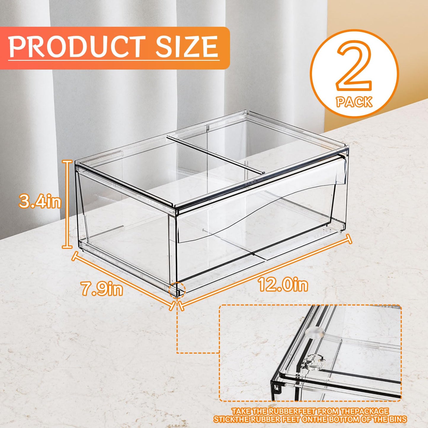 2 Pack Clear Stackable Storage Drawers,12 W Large Bathroom Makeup Organizer and Pen,Sunglass,Medicine,Baby Bottle Organizer,Plas
