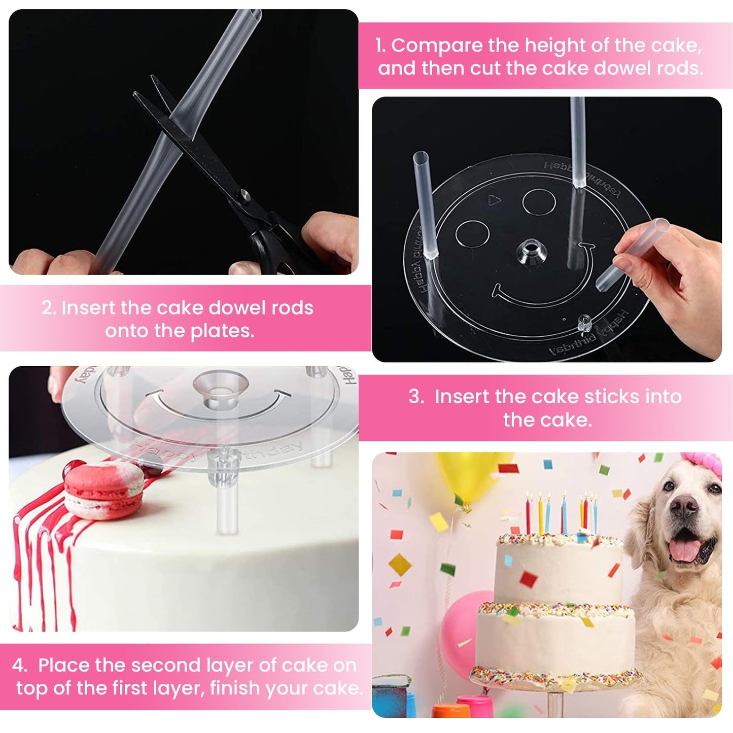 Cake Pin Sticks Set, 16 Pieces Plastic Cake Sticks Support Rods with 4 Cake Dividers for 6, 8, 10, 12 Inch Cakes, Plastic Cake Support Rods for Wedding Cake Building and Stacking (16)