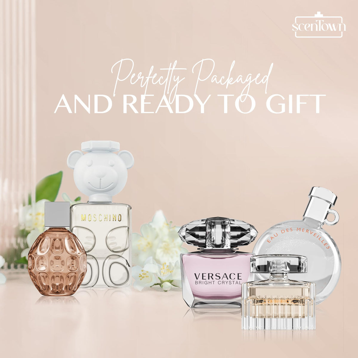 Scentown Mini Perfumes for Women (Giftset Bundle of 5) – Designer Perfume Samples for Women Packed in an Elegant Gift Box – Bundle Includes Moschino, Jimmy Choo, Chloé, Hermes & Versace