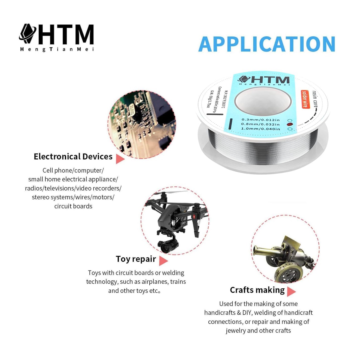 HengTianMei Tin Lead 63/37 Rosin Core Low Temp Solder Wire For Electronics Components And DIY repair(0.8mm/50g)