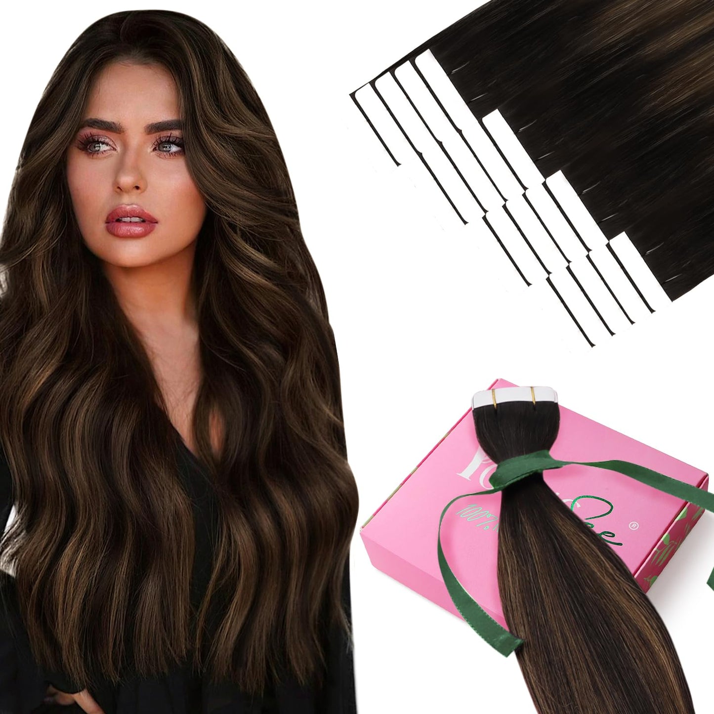 YoungSee Tape in Hair Extensions Real Human Hair Brown Tape Hair Extensions Balayage Dark Brown with Medium Brown Tapein Hair Ex